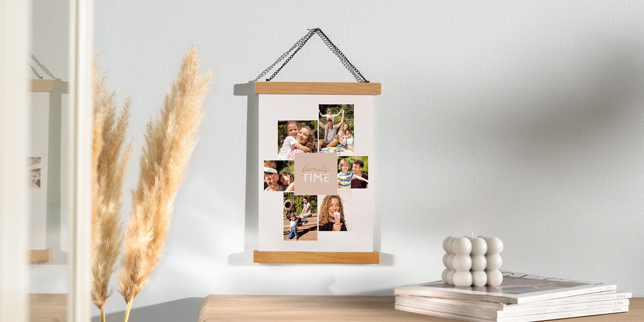 Dieses Poster zeigt mehrere Fotos einer jungen Familie. Insgesamt sind eine Frau, ein Mann und zwei kleine Kinder zu erkennen. Die Familie hat viel Spaß zusammen.