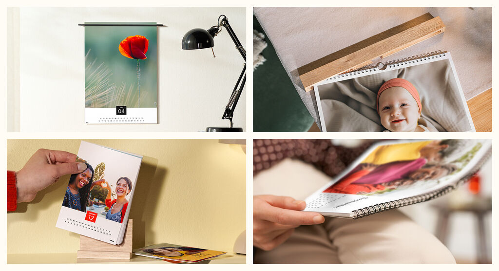 Ein kreativer Fotokalender mit blühendem Mohn, einer Hand, die einen Bildkalender hält, und einer Person, die eine Fotodatei ansieht