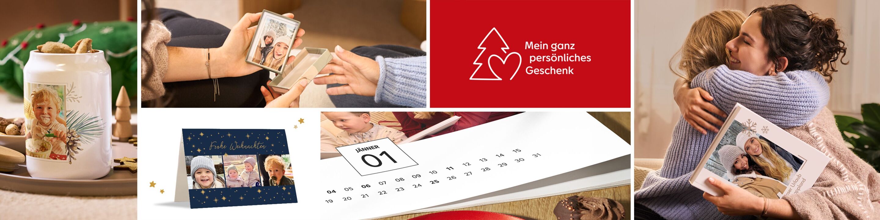 Zwei Personen umarmen sich, eine hält ein CEWE Fotobuch umgeben von diversen Geschenkideen..