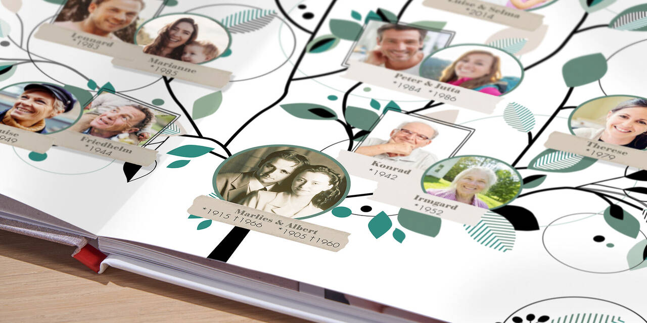 Auf einem Tisch liegt ein aufgeschlagenes CEWE FOTOBUCH. Die Nahaufnahme der Doppelseite zeigt Details von einem Stammbaum mit Fotos der einzelnen Familienmitglieder..
